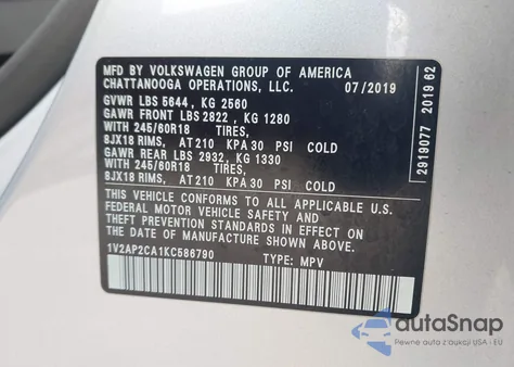 2019 Volkswagen Atlas 2.0T S z USA, uszkodzony, nr VIN 1V2AP2CA1KC586790